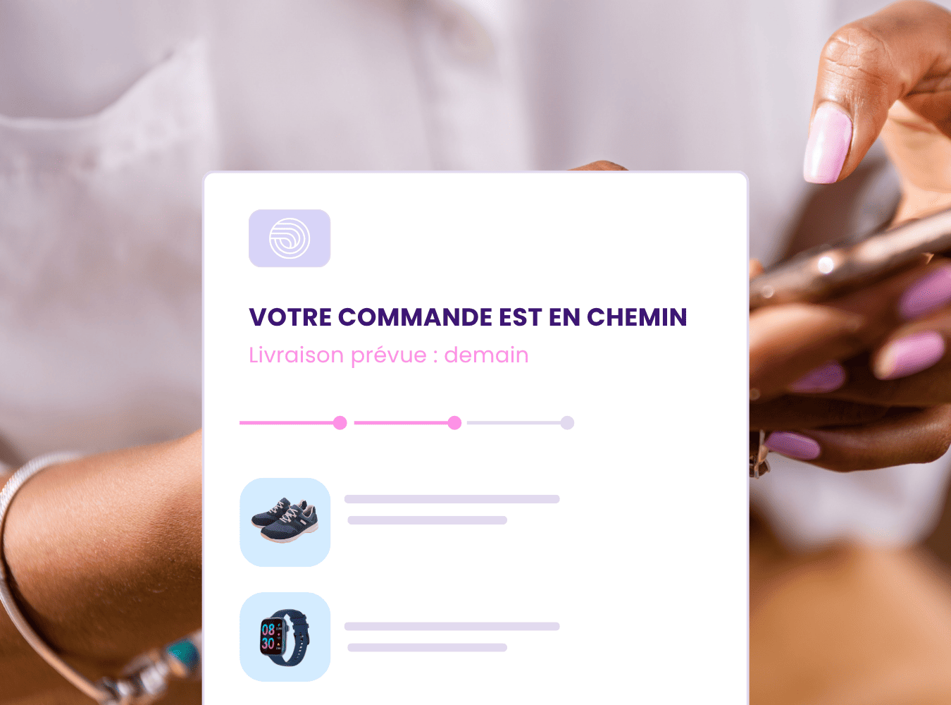 Illustration du suivi de commande dans le dashboard e commerce Flowz avec statut, la date de livraison prévue, les étapes du suivi et articles inclus