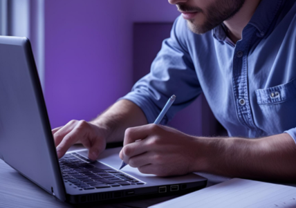 Personne travaillant sur un ordinateur pour piloter via le logiciel gestion site web Flowz